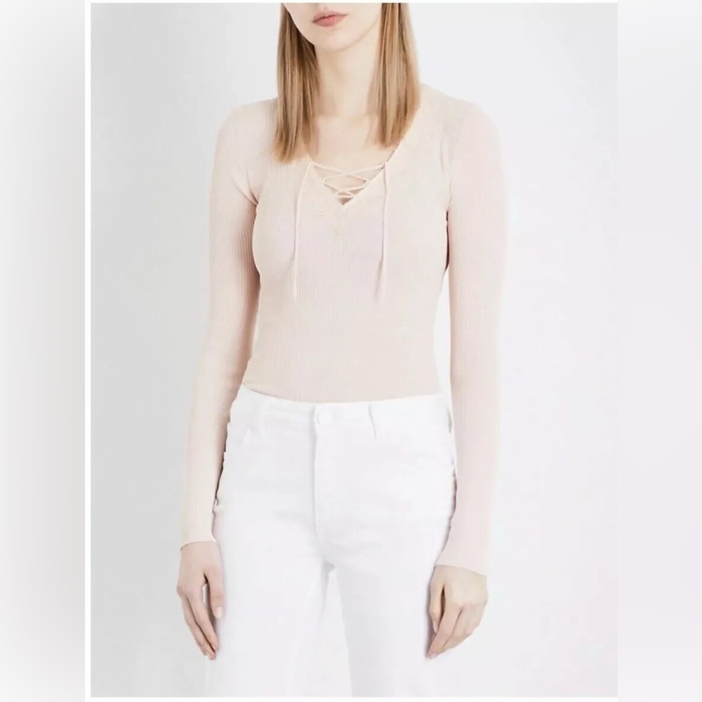 SANDRO Lace-Up Ribbed Long Sleeve Top - Blush (16)